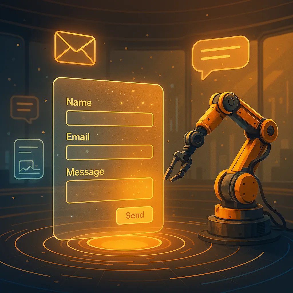 it is a photo of contactus,Illustration of a robotic arm interacting with a digital contact form in a futuristic setting